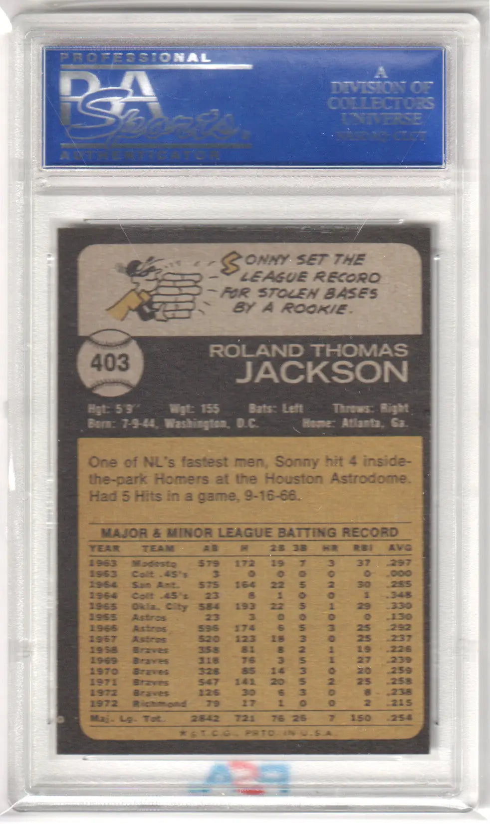 Graded Sonny Jackson 1973 Topps baseball card PSA 9 MINT from Columbia Hobby