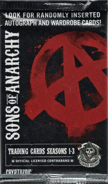 Sons of Anarchy trading card pack featuring red anarchy symbol and sealed packaging