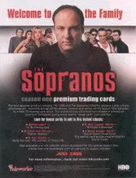 Promotional poster for Sopranos Season trading card sell sheet featuring a man’s face