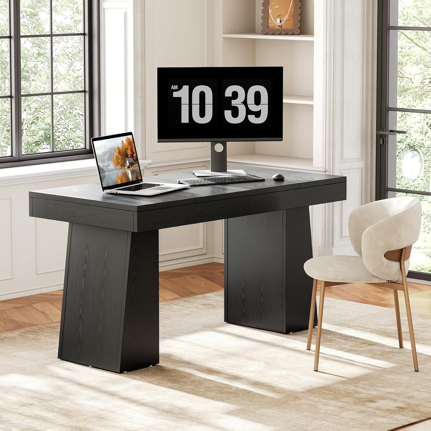 Spacious 55 Inch Black Wooden Computer Desk for Home-4