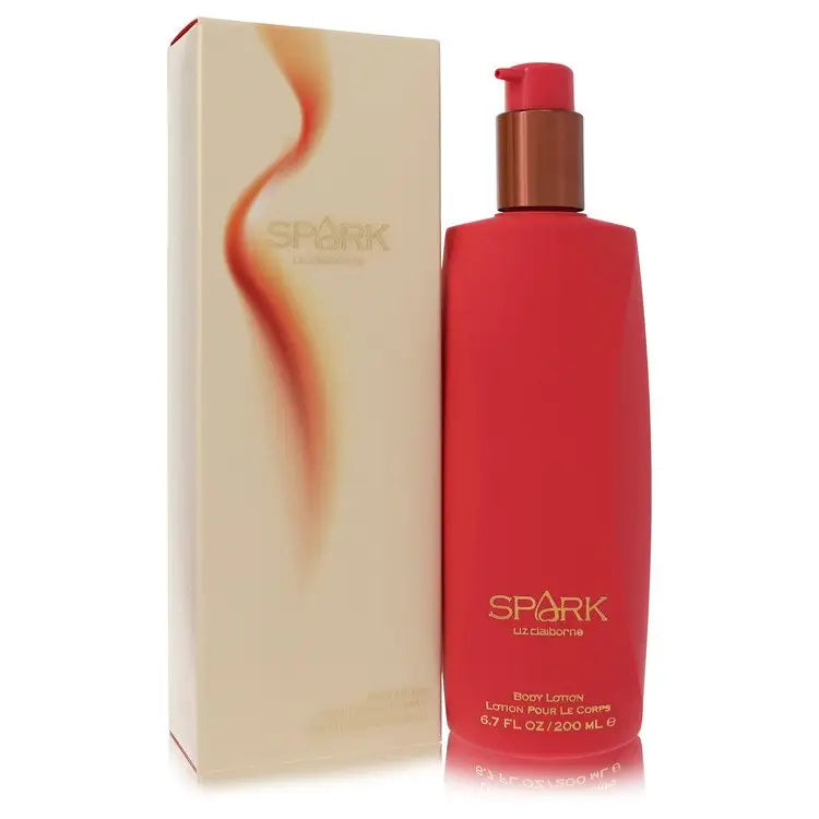 Red Spark body lotion bottle with pump dispenser and packaging box for Liz Claiborne Spark