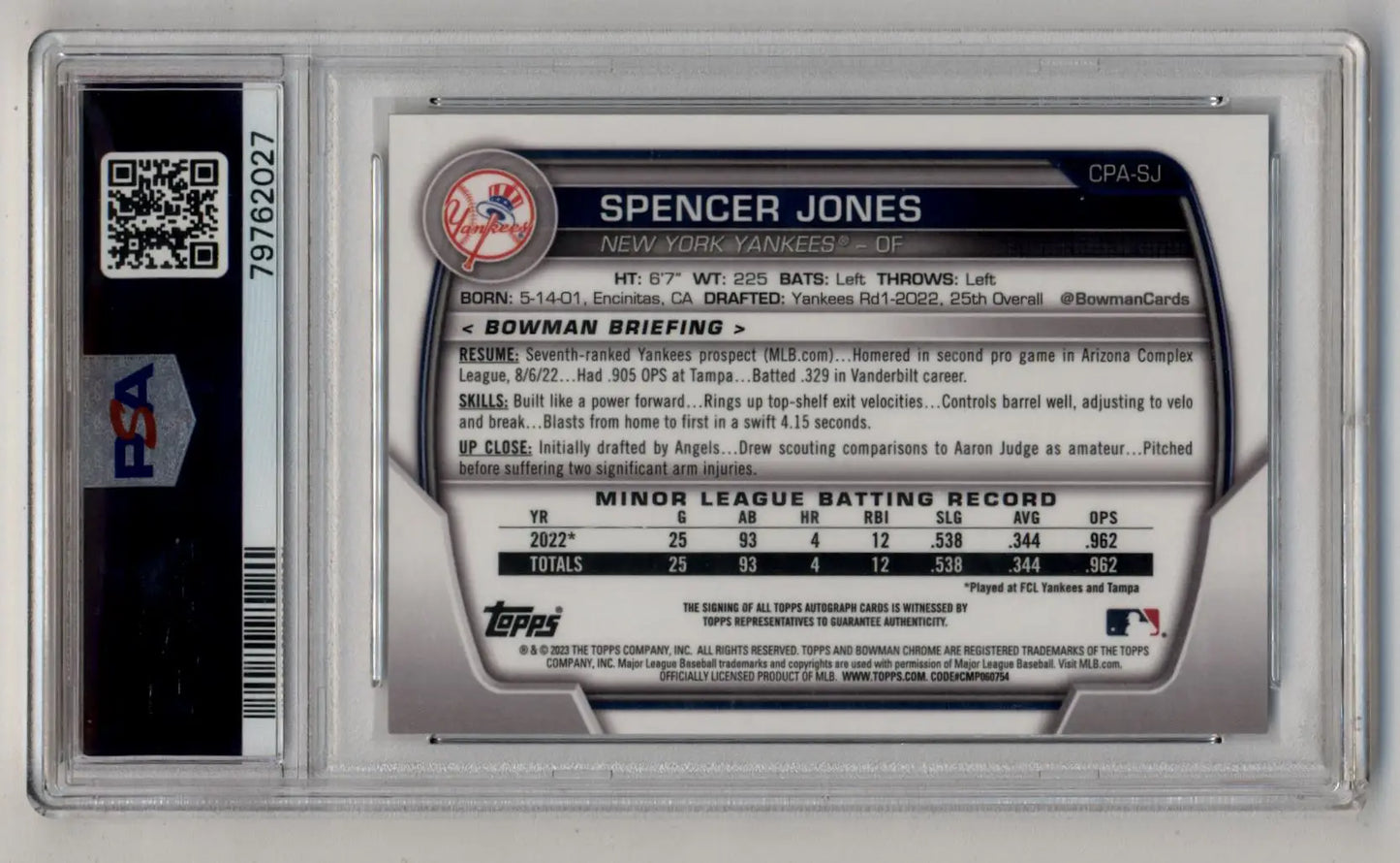 Graded Spencer Jones 2023 Bowman Chrome Prospect Auto PSA 10 Gem Mint card