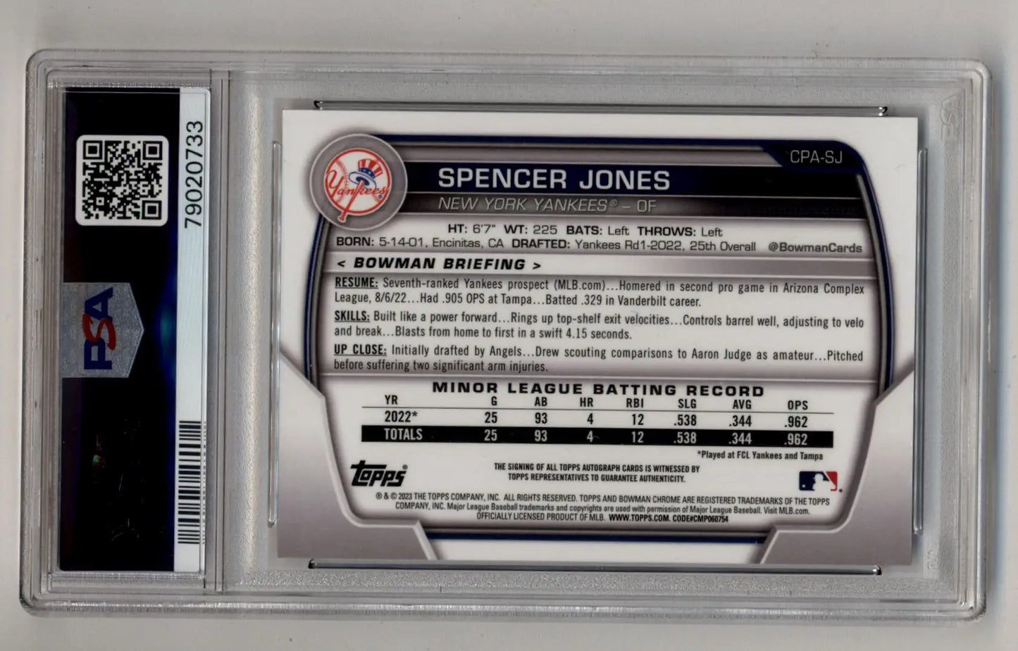 A graded Spencer Jones 2023 Bowman Chrome Prospect Auto PSA 9 Mint baseball card