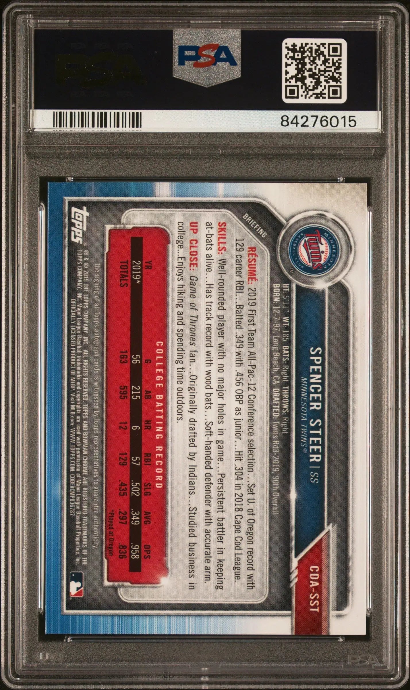 Graded Spencer Steer Bowman Chrome Draft Auto Purple Refractor card PSA 9 draft auto purple