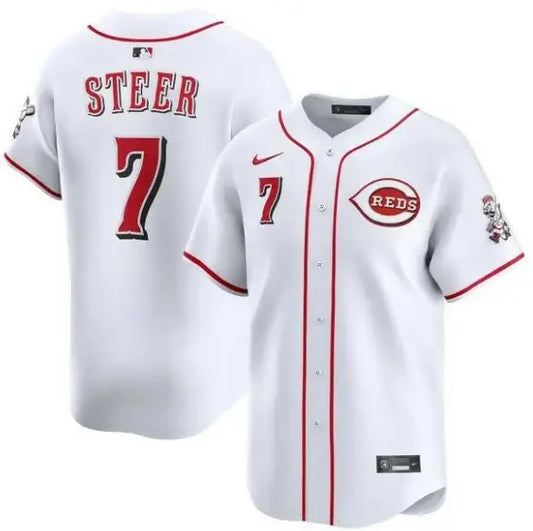 White Cincinnati Reds baseball jersey featuring Spencer Steer Nike Alternate Limited Player design