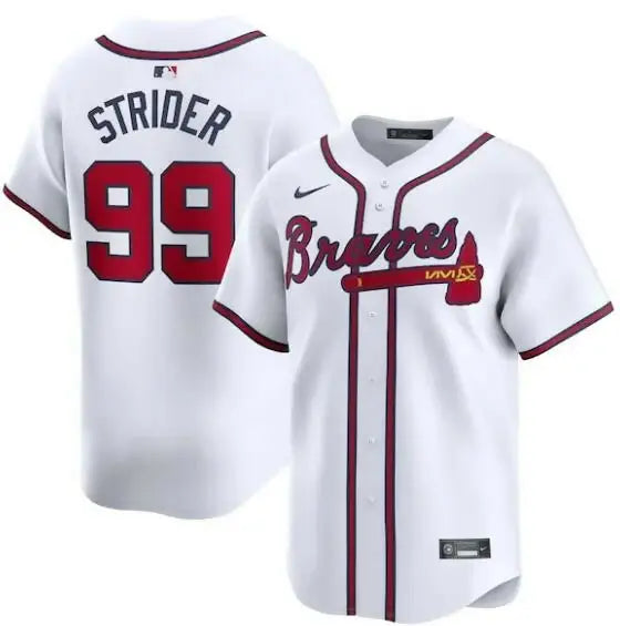 White Spencer Strider Atlanta Braves Nike Home Limited Player Jersey on display