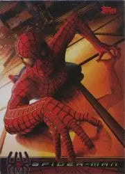 Costumed superhero in red and blue suit on Spider-Man Movie 2002 promo card