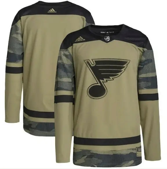 Olive green and black camouflage St Louis Blues hockey jersey with winged musical note logo