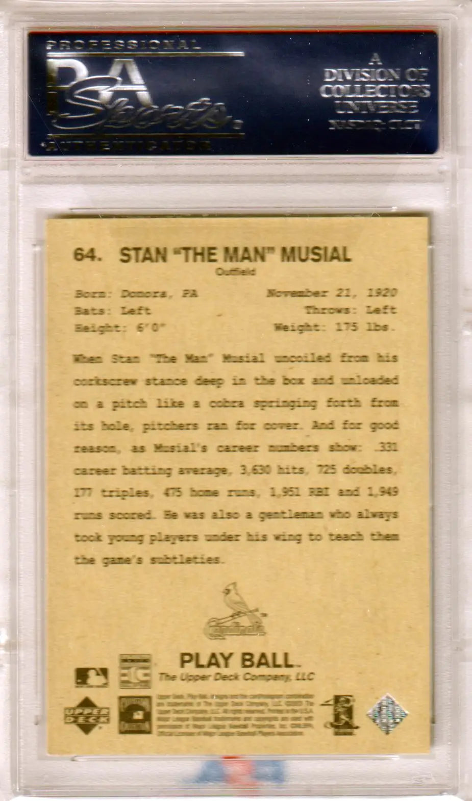 Stan Musial baseball card with biographical text on beige background from Upper Deck Play Ball