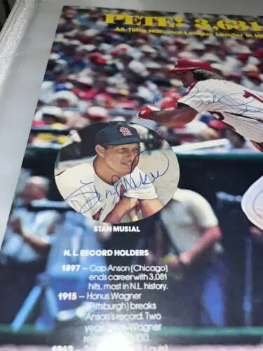 Signed Stan Musial and Pete Rose Hits Leader Poster Card with JSA Auto Authentication
