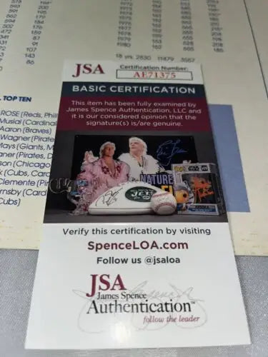 JSA authentication card for Stan Musial Pete Rose NL 3631 Hits Leader Dual Signed Poster Card