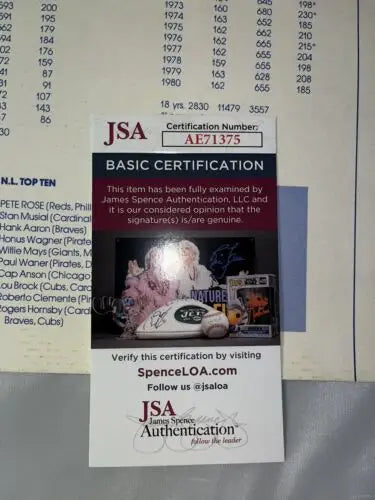 JSA authentication card for Stan Musial and Pete Rose NL Hits Leader dual signed poster card