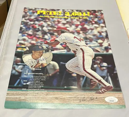 Stan Musial and Pete Rose signed NL 3631 Hits Leader 9x12 poster card Auto JSA