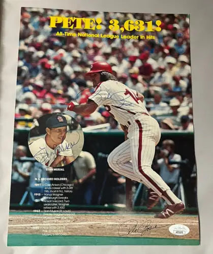 Signed Pete Rose and Stan Musial Hits Leader Dual Signed 9x12 Poster Card Auto JSA
