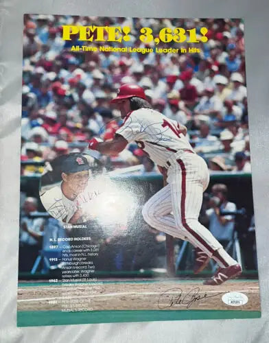 Pete Rose and Stan Musial Hits Leader Dual Signed 9x12 Poster Card Auto JSA