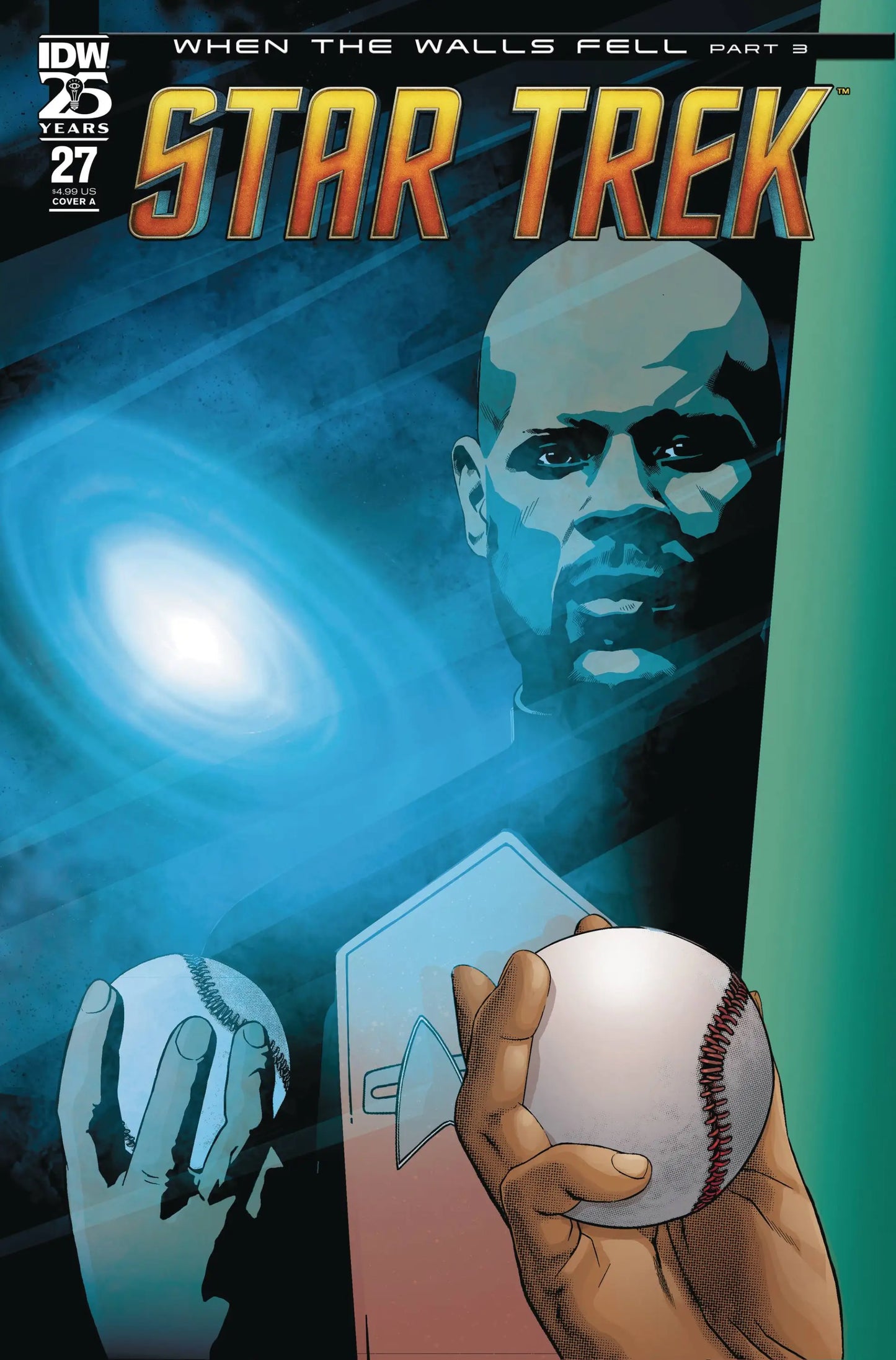 Comic book cover for Star Trek #27 featuring a figure with a baseball