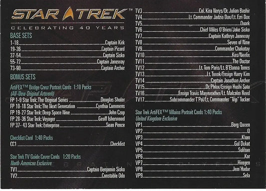 Star Trek 40th Anniversary Checklist Card featuring episode guide for trading cards