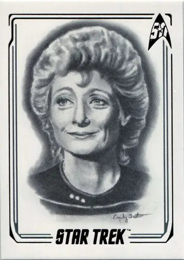 Portrait of smiling woman with curly hair on Star Trek Emily Tester Chase Card A21