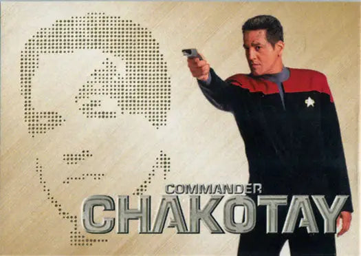 Commander Chakotay in a red and black uniform with a phaser, phaser cut chase card