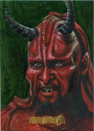 Red-skinned demonic figure with horns on Star Trek Sketch Card by Jason Potratz and Jack Hai