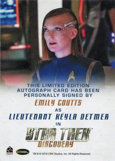 Autograph card of Emily Coutts as Lt Keyla Detmer from Star Trek Discovery Season 2