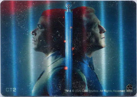 Mirrored profile silhouettes with glowing blue line on Star Trek Discovery case topper card