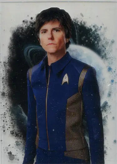 Person in blue Starfleet uniform on Star Trek Discovery character card of Tig Notaro as Jett Reno