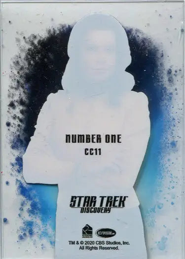 Silhouette of a humanoid figure with text for Star Trek Discovery character card Rebecca Romijn