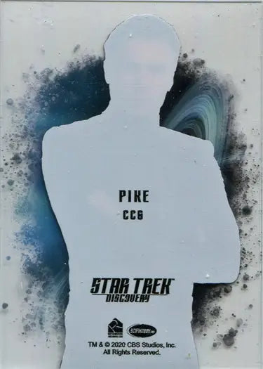 White silhouette of humanoid figure with text Pike CCG and Star Trek Discovery on torso