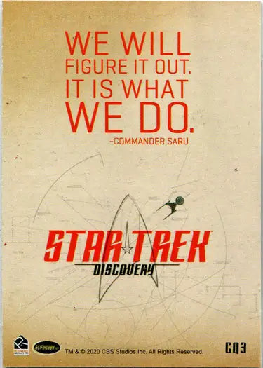 Promotional poster for Star Trek Discovery featuring Commander Saru quote on trading card