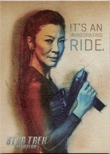 Portrait of a woman with red hair and a futuristic device in Star Trek Discovery trading card