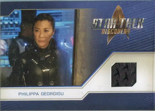 Trading card of Michelle Yeoh as P Georgiou with relic costume fabric swatch