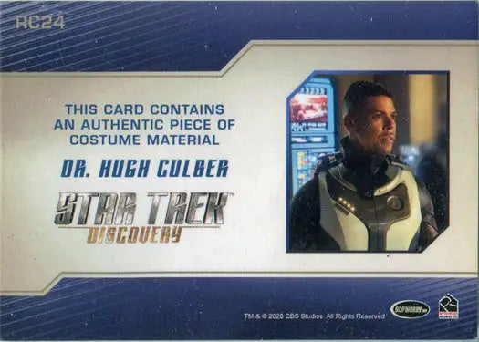 Trading card featuring a swatch from Star Trek Discovery relic costume card RC24 Dr. Culber