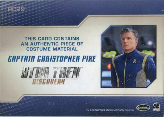 Trading card of Captain Christopher Pike with relic costume piece from Star Trek Discovery
