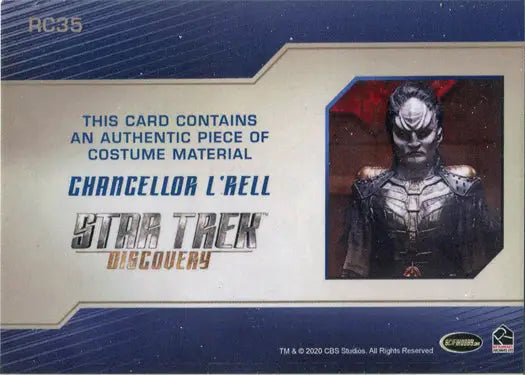 Relic costume card featuring Chancellor L’Rell with costume material swatch from Star Trek Discovery