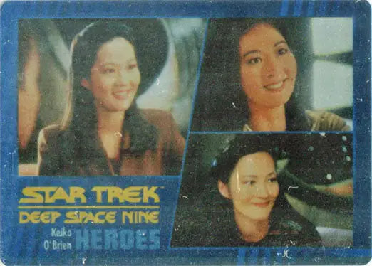 Star Trek DS9 trading card showcasing three headshots of a smiling woman