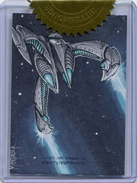 Sleek metallic alien spacecraft artwork on Star Trek sketch card by Warren Martineck