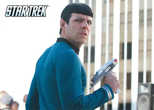 Man in blue Star Trek uniform with phaser on Star Trek Movies 2014 promo card