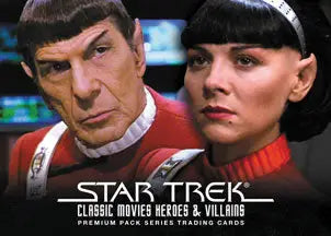 Star Trek promo card featuring characters in red uniforms and unique hairstyles
