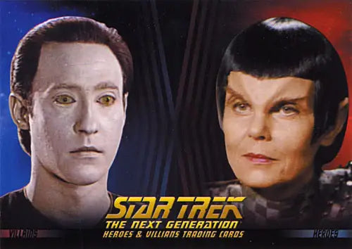Close-up portrait of two Star Trek TNG characters on a promo card for trading cards