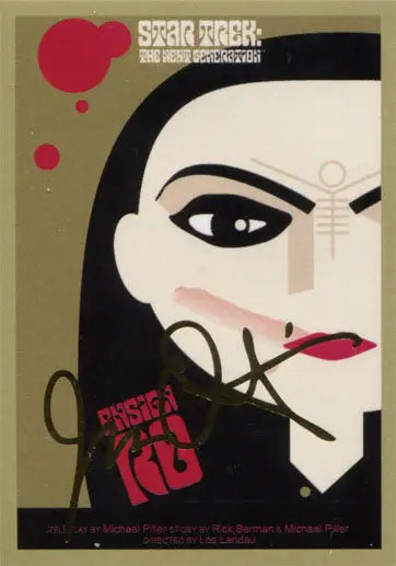 Stylized portrait of a woman with bold features on Star Trek TNG trading cards