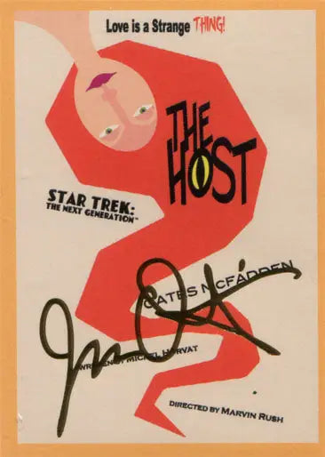 Stylized red alien figure with a single eye on Star Trek TNG trading cards poster design