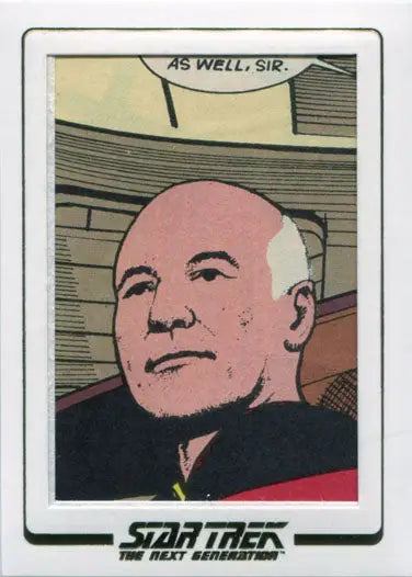 Trading card of a bald older man in red and black uniform from Star Trek TNG
