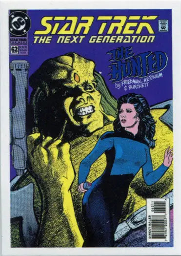 Comic book cover for Star Trek TNG featuring alien and woman in blue uniform, comic book chase