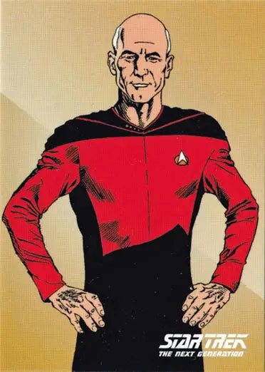 Bald man in red and black Star Trek uniform featured on Star Trek promo card
