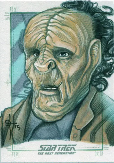 Stylized portrait of an elderly alien on a sketch card by Leon Braojos