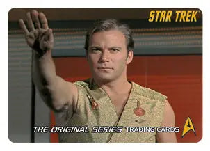 Man in gold uniform shirt making Vulcan salute on Star Trek TOS promo card