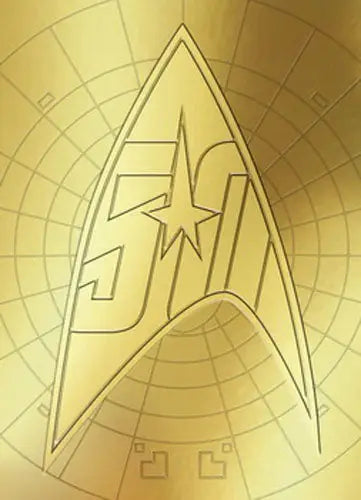 Star Trek TOS 50th Anniversary promo card featuring embossed insignia on gold surface