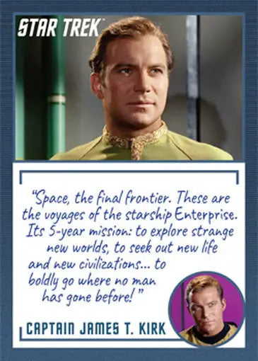 Star Trek trading card featuring character in gold uniform with space exploration quote