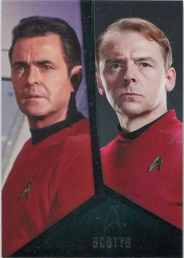 Two men in red Star Trek uniforms featured on the Crew Chase Card D4 Scotty Doohan Pegg